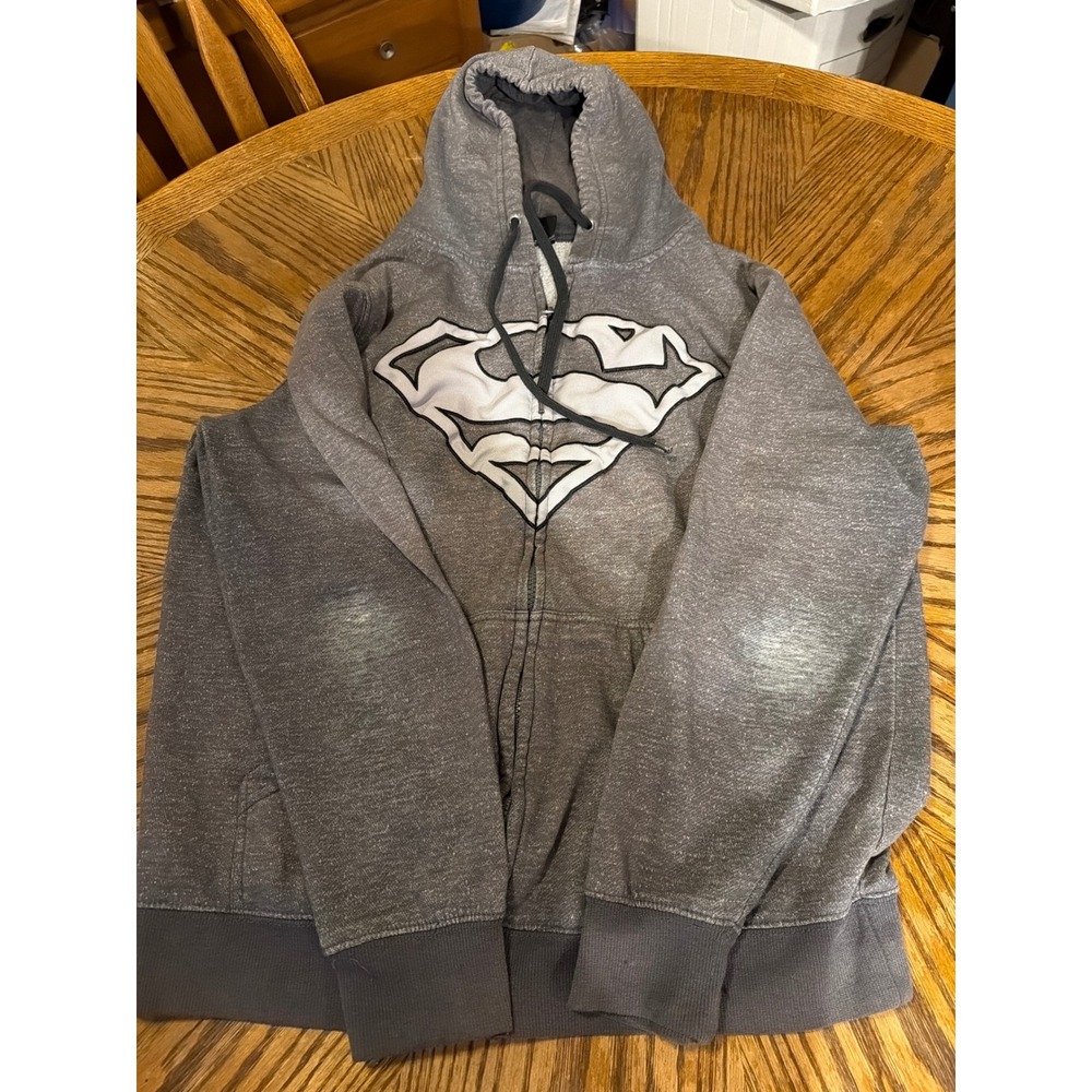 Superman DC Comics Mens Large Full Zip Hoodie Heather Charcoal Gray Shield Logo